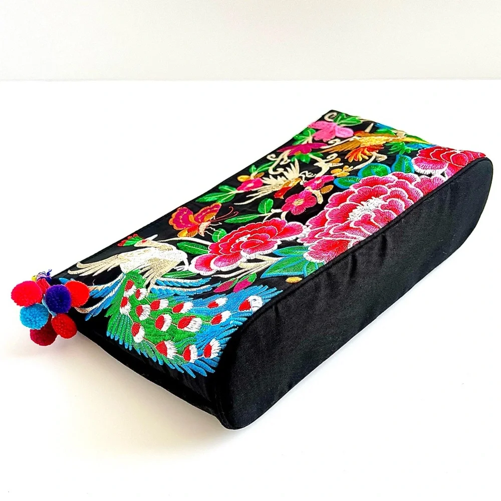Large Colorful Birds and Florals Embroidered Pom Pom Bag (NWOT) - Picture 7 of 9